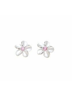 Sterling silver 925 Hawaiian plumeria flower post stud earrings 8mm pink cz