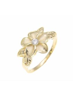 Yellow Gold Plated 925 Sterling Silver Hawaiian Plumeria Flower cz Maile Leaf Leaves Ring Size 3 to 10