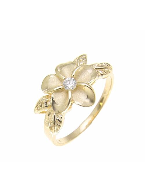 Arthur's Jewelry Yellow Gold Plated 925 Sterling Silver Hawaiian Plumeria Flower cz Maile Leaf Leaves Ring Size 3 to 10