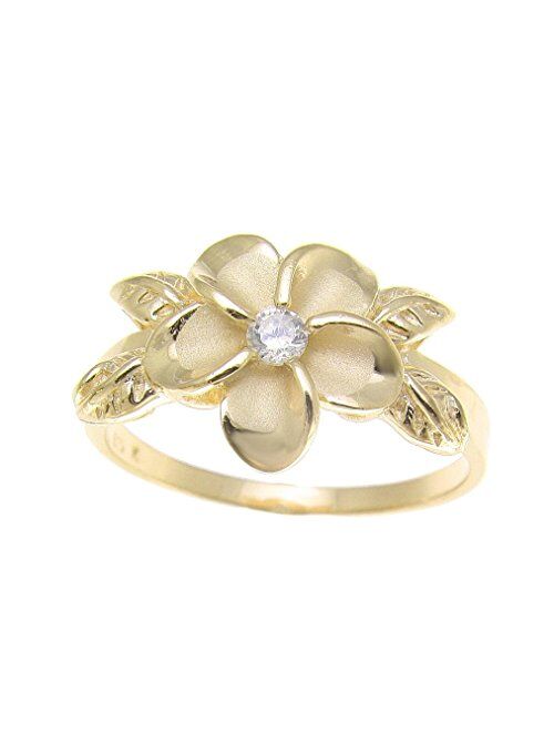 Arthur's Jewelry Yellow Gold Plated 925 Sterling Silver Hawaiian Plumeria Flower cz Maile Leaf Leaves Ring Size 3 to 10