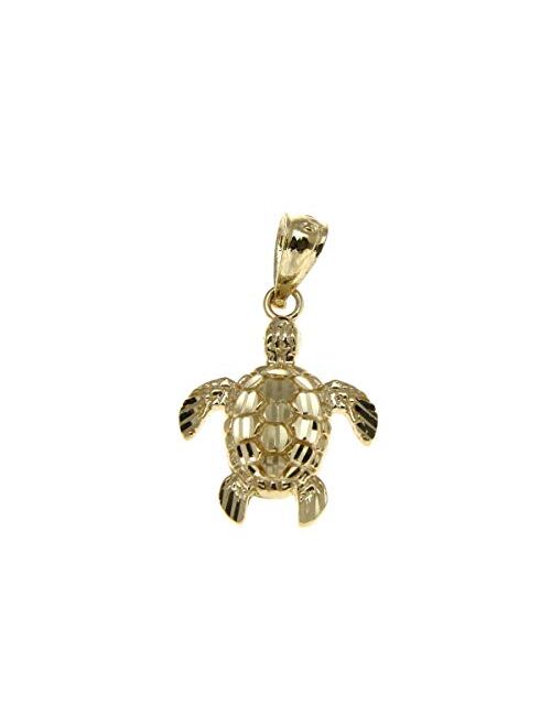 Arthur's Jewelry 14K solid yellow gold 12mm sparkly diamond cut Hawaiian sea turtle honu charm pendant small