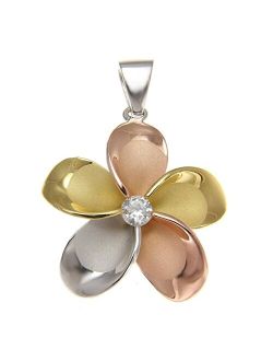 925 Sterling Silver Yellow Rose Gold Tricolor Plated Hawaiian Plumeria Pendant cz 30mm
