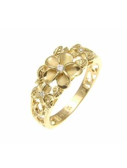 Yellow Gold Plated Silver 925 Hawaiian 3 Plumeria Flower cz Ring Maile Leaf Cut Out Scroll Size 3 to 10