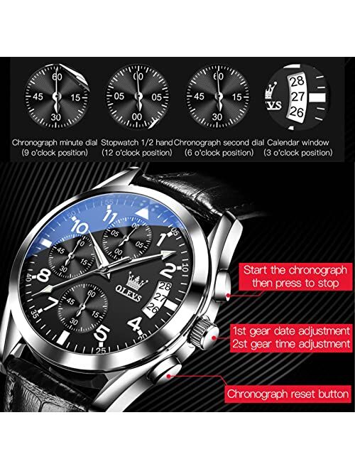 OLEVS Men's Chronograph Quartz Watches, Leather Strap Gold Case with Day Date, Waterproof Stainless Steel Wrist Watch, Luminous Hand Analog Watches for Men, Brown/Black/B