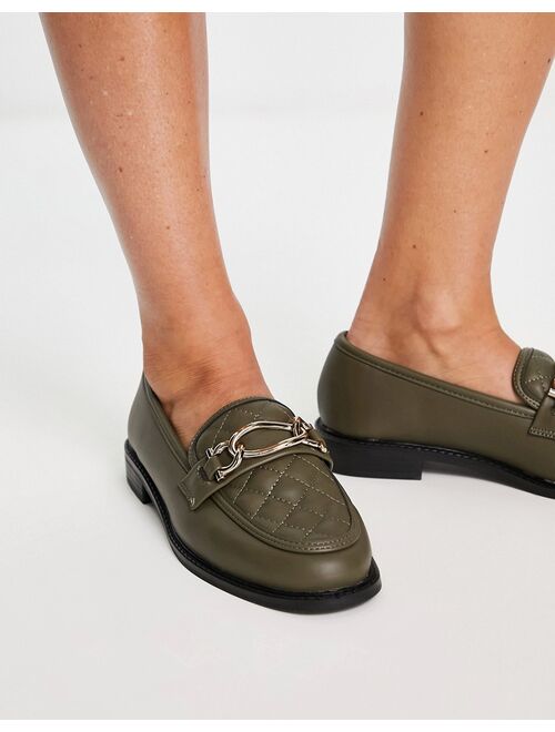 River Island Wide Fit chain detail quilted loafers in olive