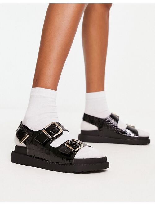 River Island double buckle sling back flat sandals in black