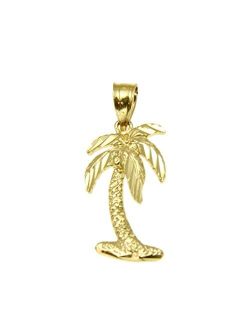 14K Solid Yellow Gold Medium Diamond Cut Hawaiian Island Palm Tree Charm Pendant