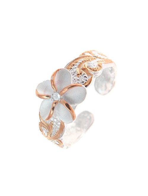 Arthur's Jewelry 925 Sterling Silver 2 Tone Pink Rose Gold Plated 8mm Hawaiian Scroll Plumeria Flower cz Toe Ring