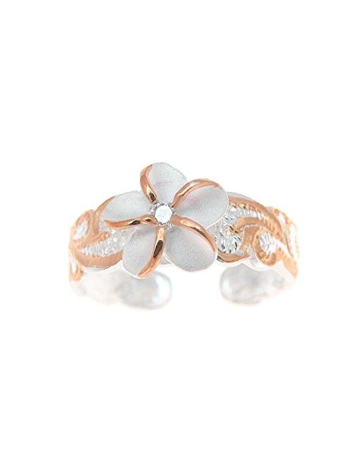 Arthur's Jewelry 925 Sterling Silver 2 Tone Pink Rose Gold Plated 8mm Hawaiian Scroll Plumeria Flower cz Toe Ring