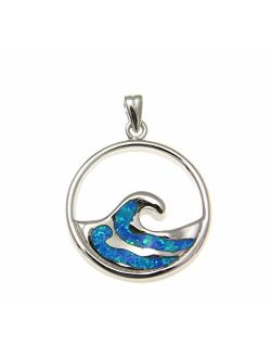 925 Sterling Silver Hawaiian 23mm Ocean Wave Blue Synthetic Opal Pendant Charm