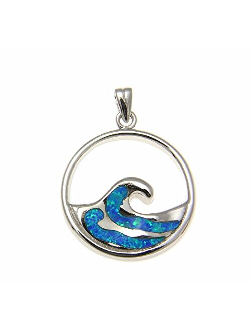 Arthur's Jewelry 925 Sterling Silver Hawaiian 23mm Ocean Wave Blue Synthetic Opal Pendant Charm