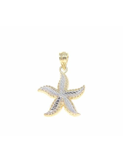 Arthur's Jewelry 14K Solid Yellow Gold White Gold Diamond Cut Hawaiian sea Starfish Pendant 15mm