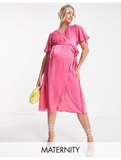 Maternity flutter sleeve satin wrap midi dress in bright pink
