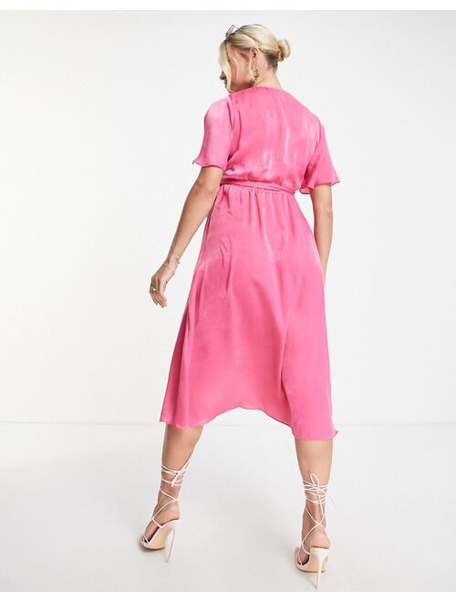 River Island Maternity flutter sleeve satin wrap midi dress in bright pink