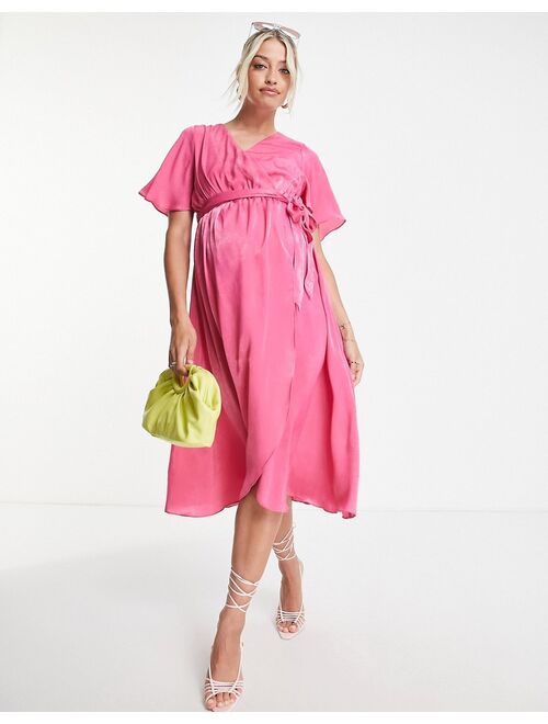 River Island Maternity flutter sleeve satin wrap midi dress in bright pink