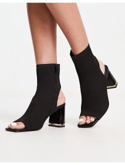 knit heeled peep toe boot in black