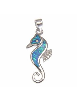 925 Sterling Silver Hawaiian Seahorse Blue Synthetic Opal Pendant Charm