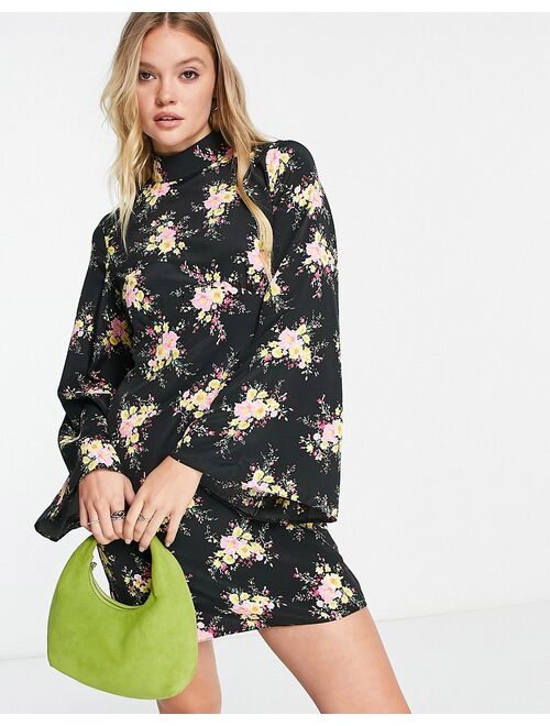 River Island fluted sleeve mini dress in black floral