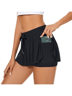 Durio 2 in 1 Flowy Running Shorts for Women High Waisted Gym Tennis Shorts Double Layer Butterfly Shorts with Pocket