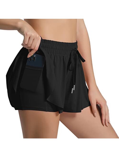 Imfasy Women 2 in 1 Flowy Butterfly Running Shorts with Spandex Underneath and Pocket for Athletic Workout
