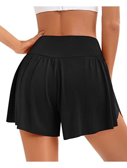 Qoonoo Flowy Butterfly Shorts Running Tennis Athletic Skirt Shorts for Women 2 in 1 High Waisted with Pockets
