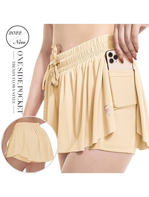 Risscan Womens 2 in 1 Flowy Athletic Shorts with Pocket Butterfly Running Workout Shorts Sweat Spandex Lounge Gym Yoga Summer Skirts