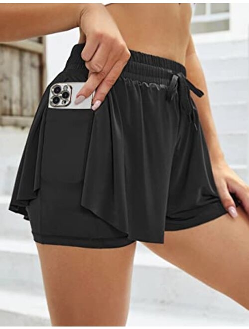 Sogetdo Flowy Shorts for Women Athletic Preppy Skirt Shorts Gym Workout Running Butterfly Shorts