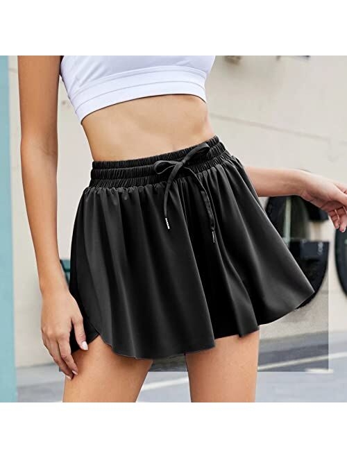Bloggerlove 2 in 1 Flowy Running Yoga Shorts for Women Gym Fitness Workout Athletic Spandex Shorts with Pocket