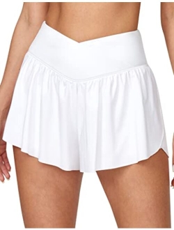 2 in 1 Flowy Shorts Butterfly Shorts Crossover Running Shorts for Women High Waisted Athletic Skort Preppy Clothes