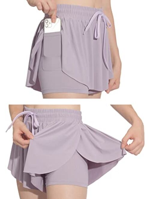 Hody Lovy Womens Butterfly Flowy Shorts for Summer Cute Preppy Skirt Shorts Athletic Workout Running Gym Shorts with Pocket