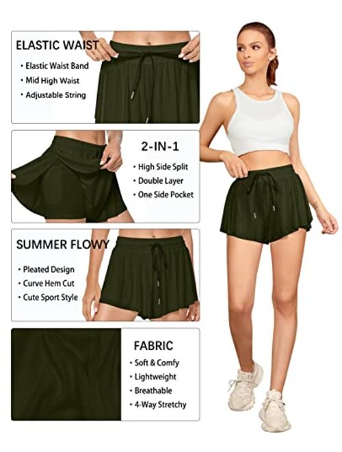 TARSE Flowy Shorts, Butterfly Athletic Shorts Skirt, Flare Wavy Skorts for Running, Sports and Recreation Summer