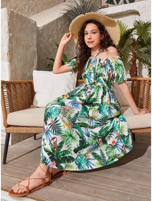 SHEIN Teen Girls Tropical Print Off Shoulder Ruffle Trim Dress