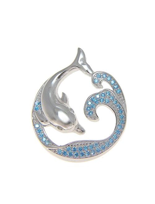 Arthur's Jewelry 925 Sterling Silver 0.75 ct Blue Topaz Hawaiian Ocean Wave Dolphin Slider Pendant