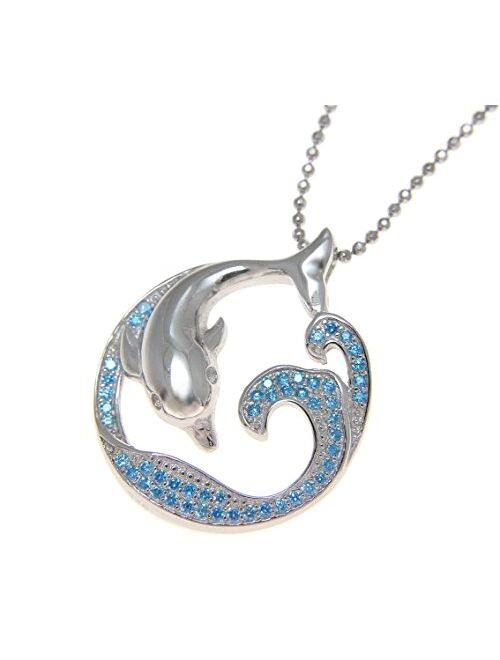 Arthur's Jewelry 925 Sterling Silver 0.75 ct Blue Topaz Hawaiian Ocean Wave Dolphin Slider Pendant