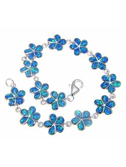 925 Sterling Silver Blue Synthetic Opal Hawaiian 11mm Plumeria Flower Bracelet 7.5"