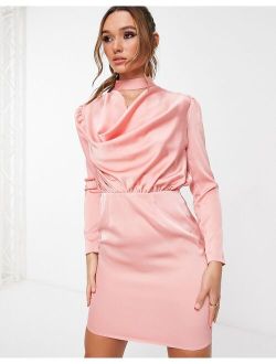 satin cowl neck mini dress in pink