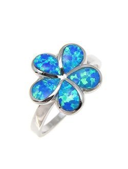 Sterling Silver 925 Hawaiian Plumeria Flower Blue Synthetic Opal Ring Size 5-10