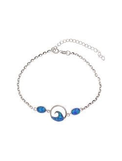 925 Sterling Silver Hawaiian Ocean Wave Oval Blue Opal Plate Anklet 8.5"   2"
