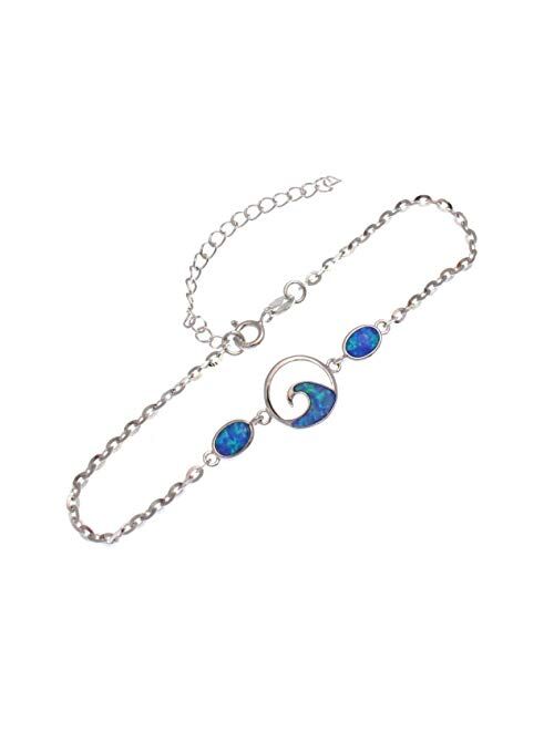 Arthur's Jewelry 925 Sterling Silver Hawaiian Ocean Wave Oval Blue Opal Plate Anklet 8.5" + 2"