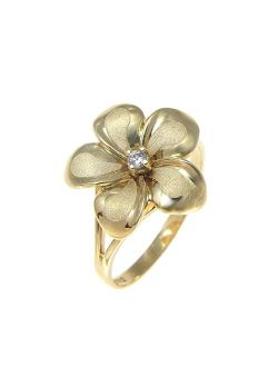 14K solid yellow gold 15mm Hawaiian single plumeria flower cz ring