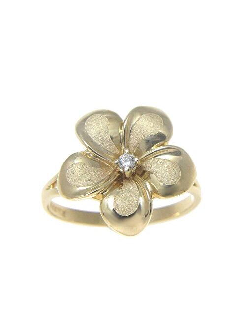 Arthur's Jewelry 14K solid yellow gold 15mm Hawaiian single plumeria flower cz ring