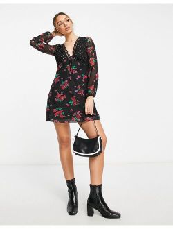 floral and spot mixed print mini dress in black