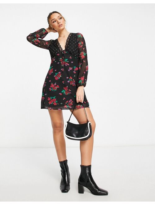 River Island floral and spot mixed print mini dress in black