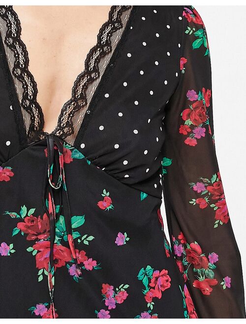 River Island floral and spot mixed print mini dress in black