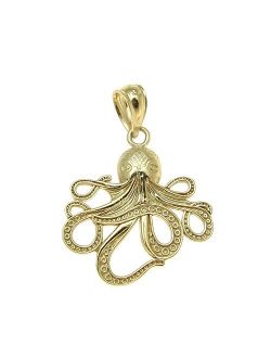 14K Solid Yellow Gold 17mm Shiny Hawaiian Octopus Charm Pendant