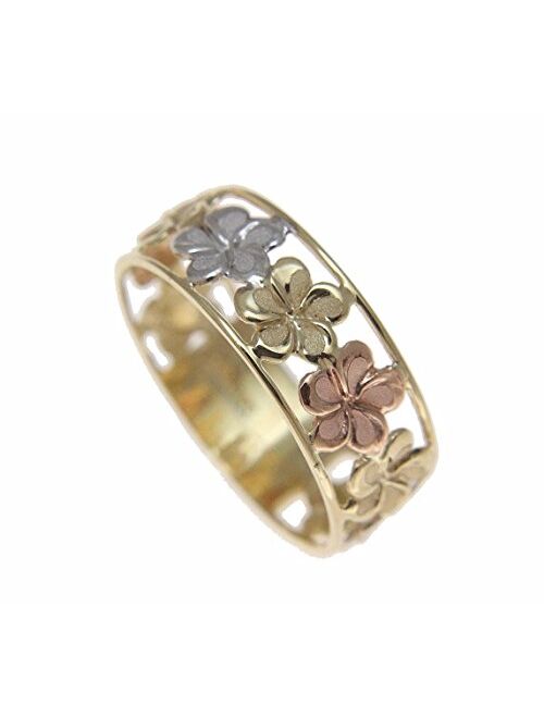 Arthur'S Jewelry 14K solid tricolor yellow white rose gold Hawaiian plumeria flower lei ring 6.5mm size 4 to 10
