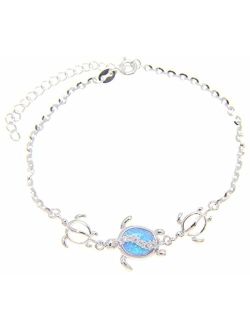925 Sterling Silver Hawaiian Honu sea Turtle cz Blue Synthetic Opal Link Chain Anklet 9"