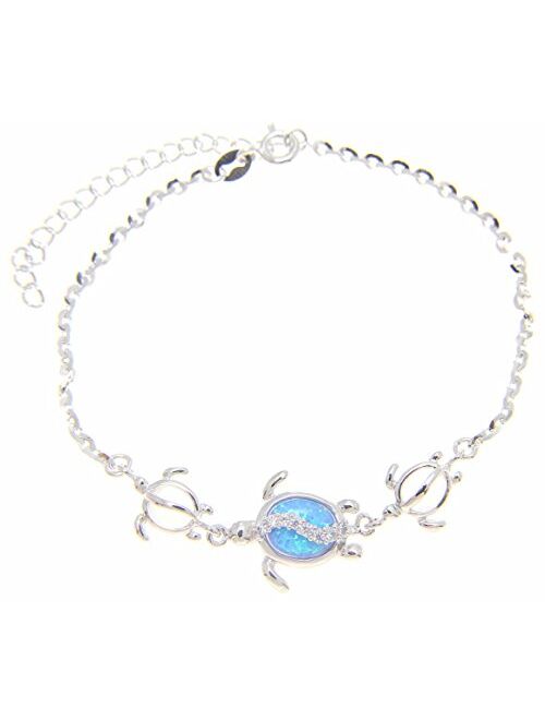 Arthur's Jewelry 925 Sterling Silver Hawaiian Honu sea Turtle cz Blue Synthetic Opal Link Chain Anklet 9"+