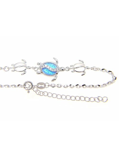 Arthur's Jewelry 925 Sterling Silver Hawaiian Honu sea Turtle cz Blue Synthetic Opal Link Chain Anklet 9"+