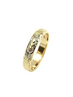 14K yellow gold custom hand engrave Hawaiian queen plumeria scroll band ring 4mm size 2 to 14
